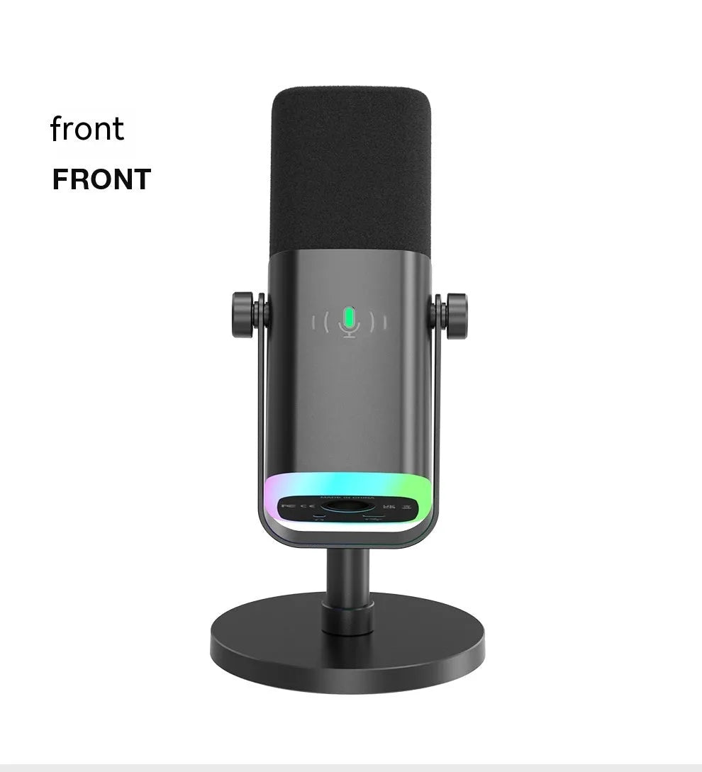 Black dynamic USB and XLR microphone with a weighted desk stand on a wooden surface.