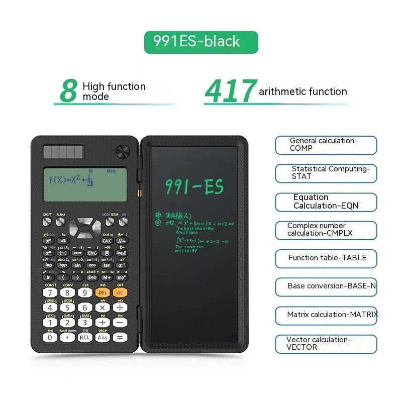 2-in-1 foldable scientific calculator with handwriting tablet in black ABS, showing LCD notepad and calculator keys