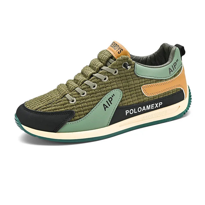 Men's green and grey mesh running shoes with low-top design and lace-up closure