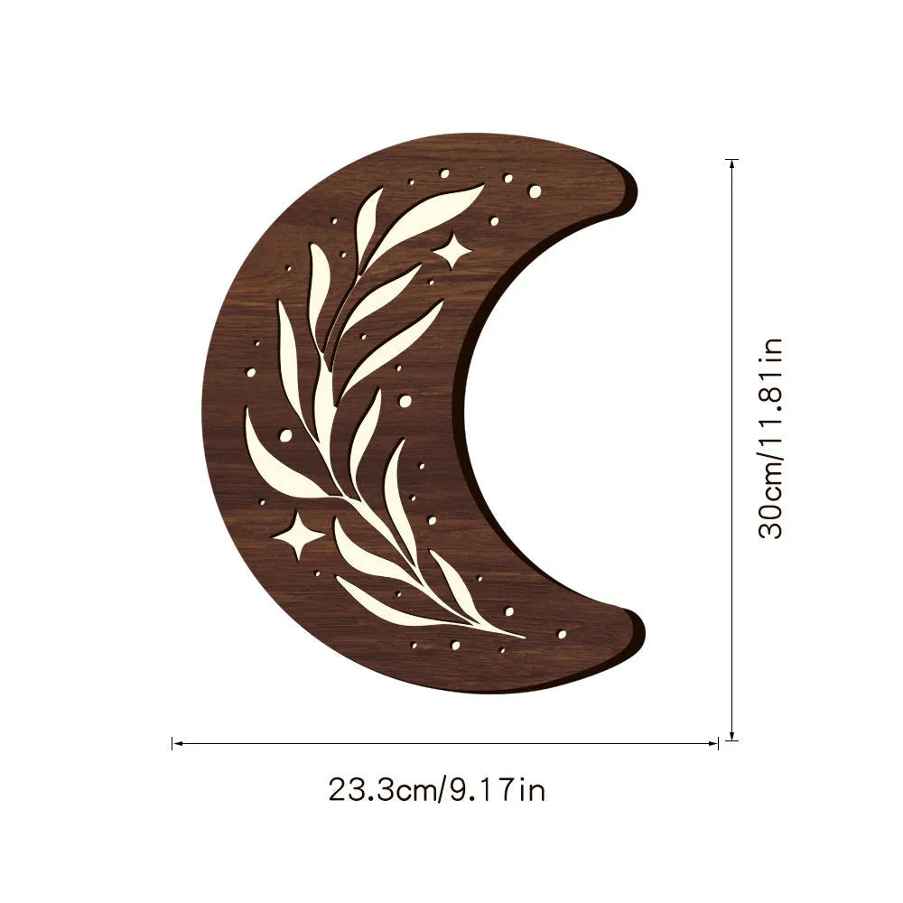 Wooden leaf crescent moon pendant lamp with LED lights and natural wood finish