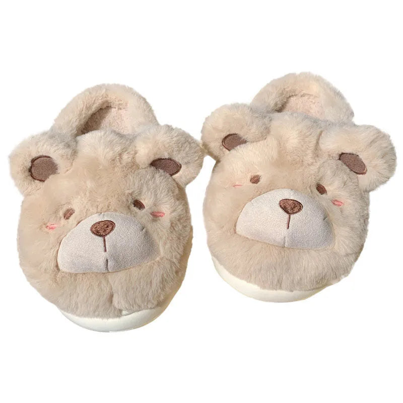 Cartoon-patterned plush suede baotou slippers for women in khaki colour with round toe.