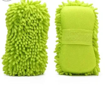 Silvery green rectangular car wash sponge made of chenille microfiber, measuring 14cm by 25cm.