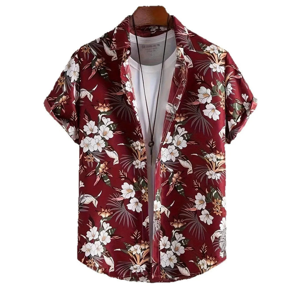Men's floral print short sleeve shirt with loose cardigan style in polyester elastic fabric