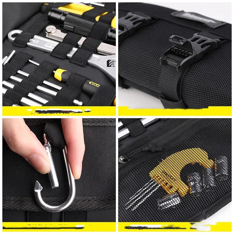 Motorcycle repair kit storage organiser in black, unfolded to show elastic straps and mesh zipper bag