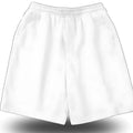 Men's white polyester shorts with elastic waistband and side pockets laid flat