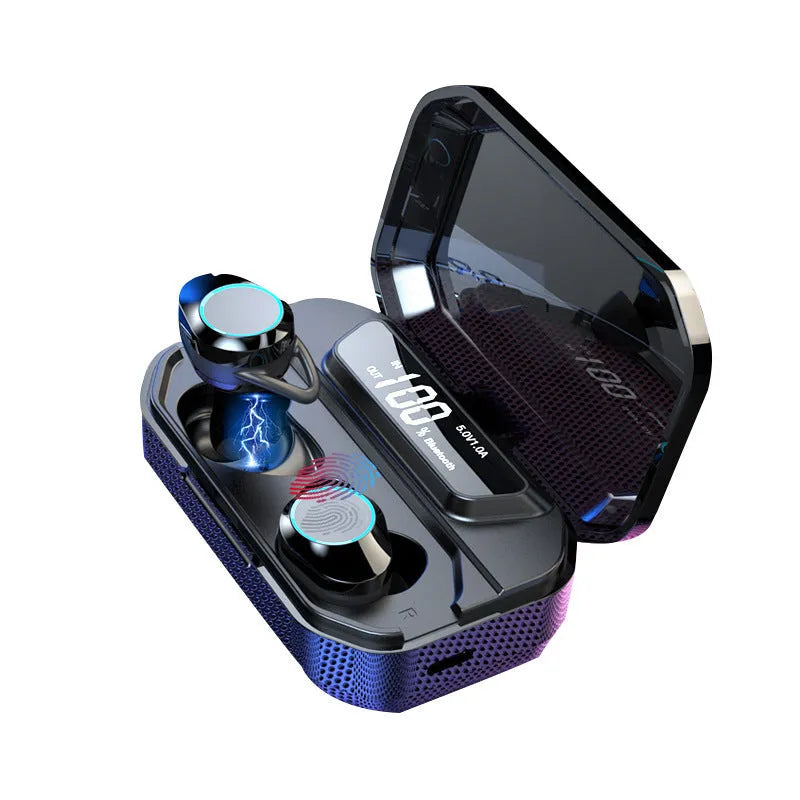 Black wireless Bluetooth earbuds with charging box, 120-hour battery, and power display