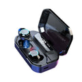 Black wireless Bluetooth earbuds with charging box, 120-hour battery, and power display