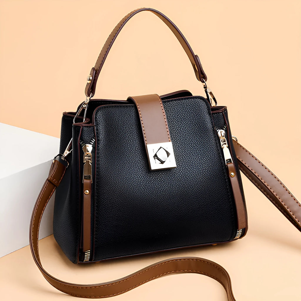 Women's fashion casual all-match PU leather crossbody bucket bag in black with spliced street trend design