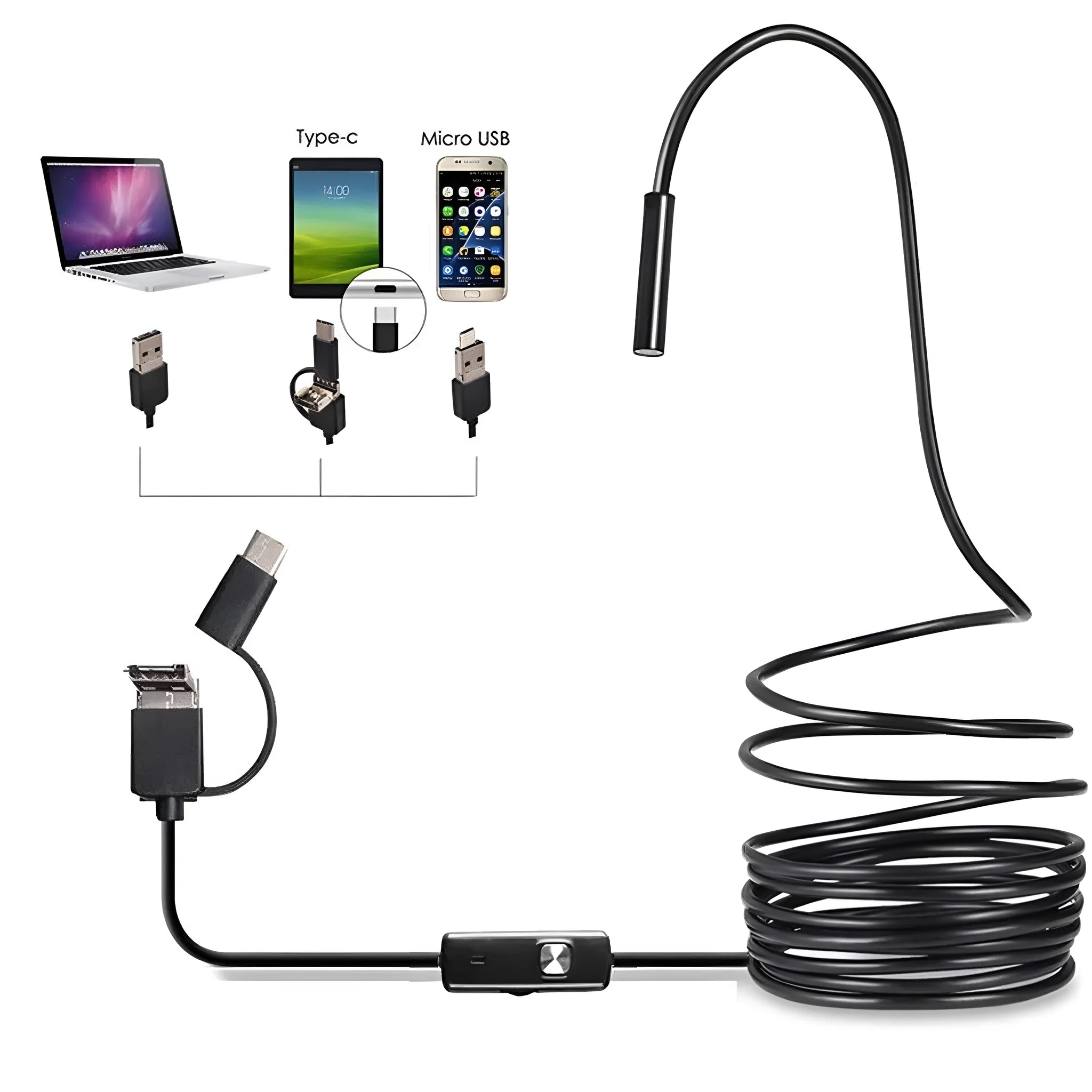 USB-C endoscope with camera head, flexible cable, and hook, magnet, and mirror attachments on a table.
