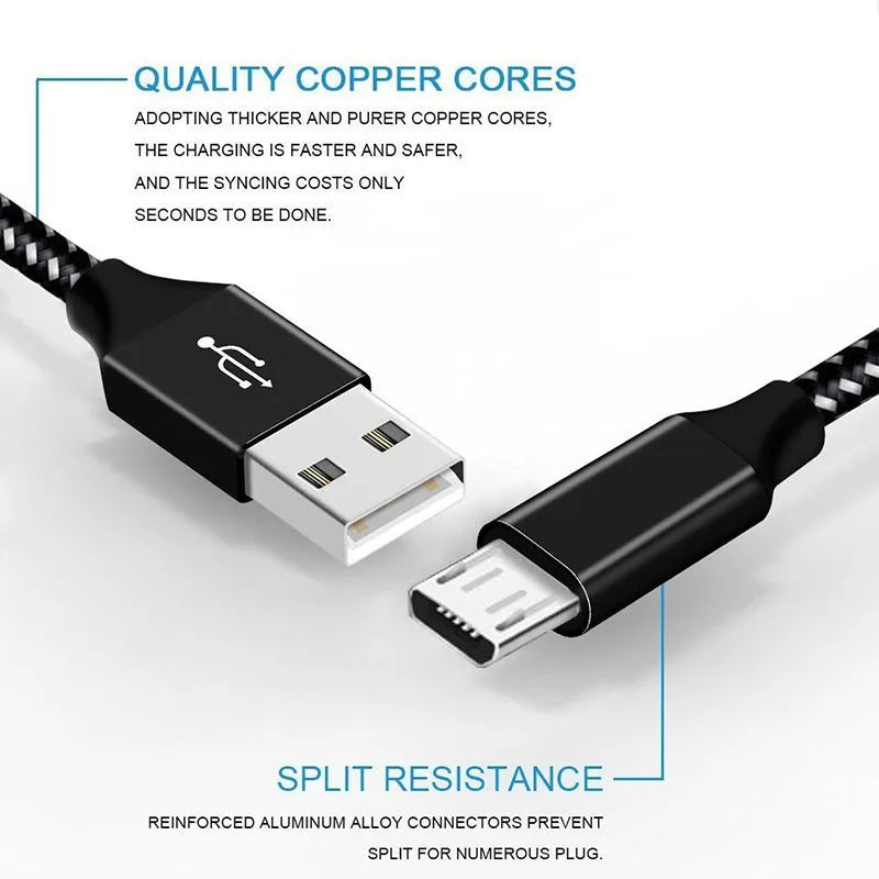 Braided Micro USB fast charging cable for Android phones in black and white colour.