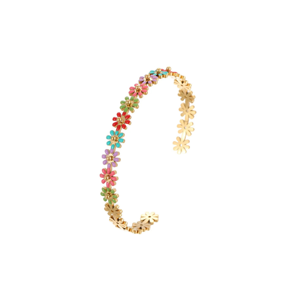 Oil dripping colour flower geometric stainless steel bracelet for women electroplated finish with colour ring option