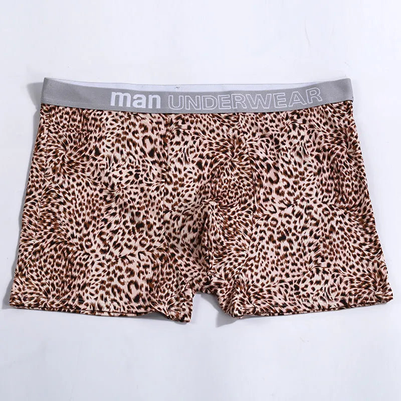 Men's loose fit leopard print underwear in grey and yellow colours on a white background