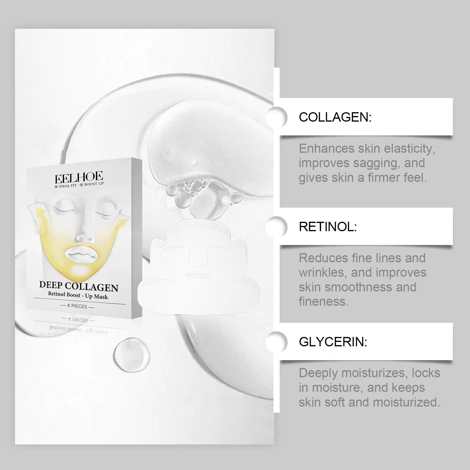 Four-piece pack of collagen tightening facial sheet masks