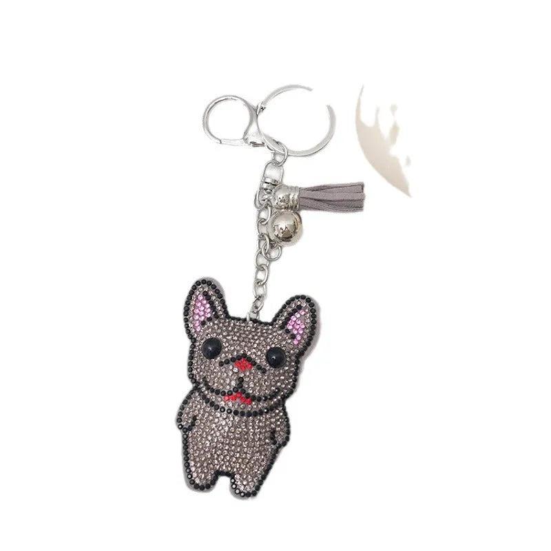 French Dog cartoon animal rhinestone keychain in electroplated colours, 5-7cm bag tassel pendant