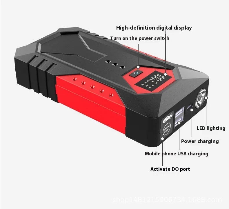 Red 12V car battery jump starter emergency power bank with battery clamps and cable
