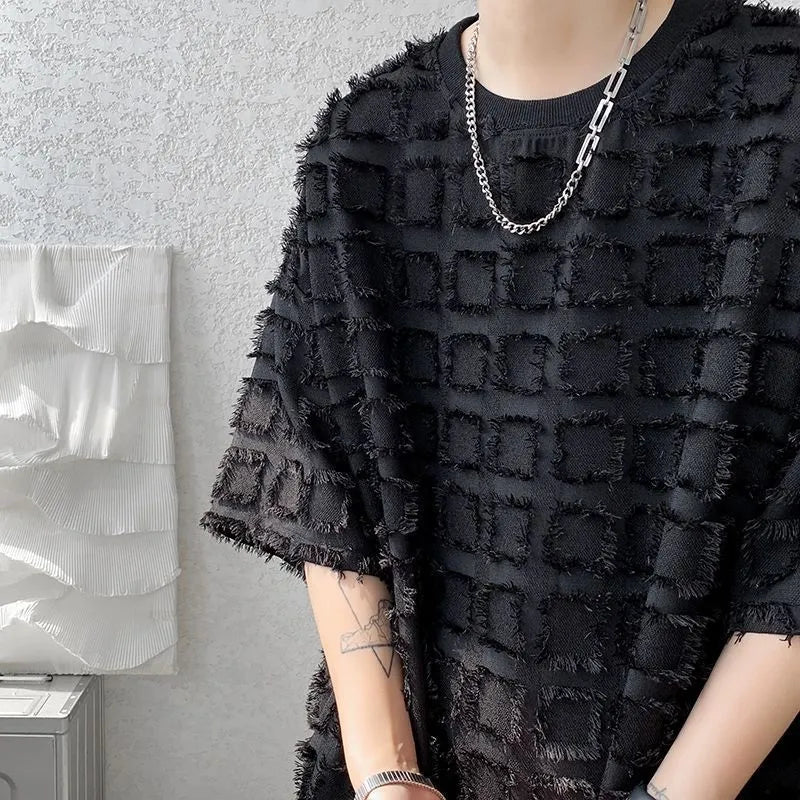 Men's black loose fit short sleeve T-shirt with jacquard texture, sizes M to 3XL