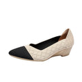 Women's wedge knitted casual shoes in apricot colour with a mid-height heel and shallow-cut opening.