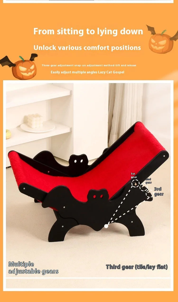 Black and red Halloween bat-themed wooden cat recliner bed with cage design and included lounge chair.