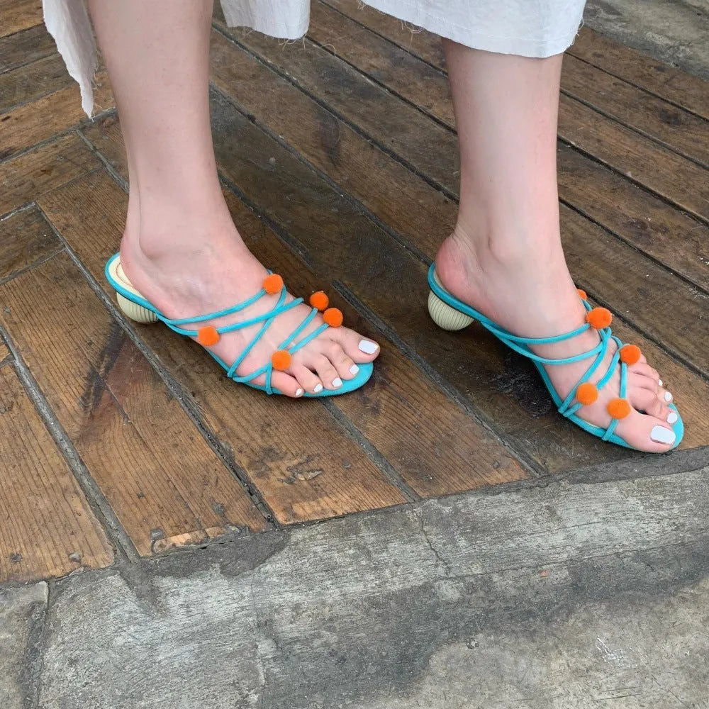 Cyan French genuine leather high-heeled sandals with niche ball lace-up design and open toe