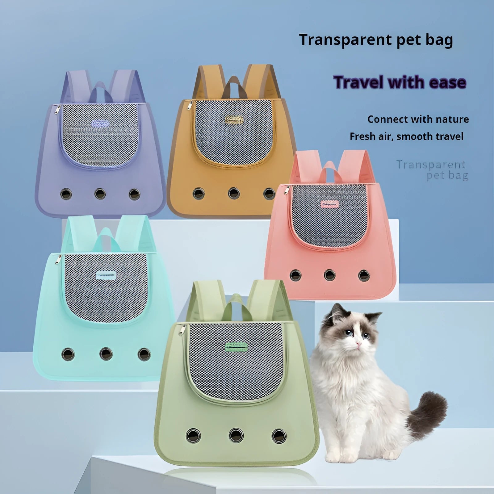 Solid-colour Oxford fabric cat backpack carrier in a medium size on a white background.