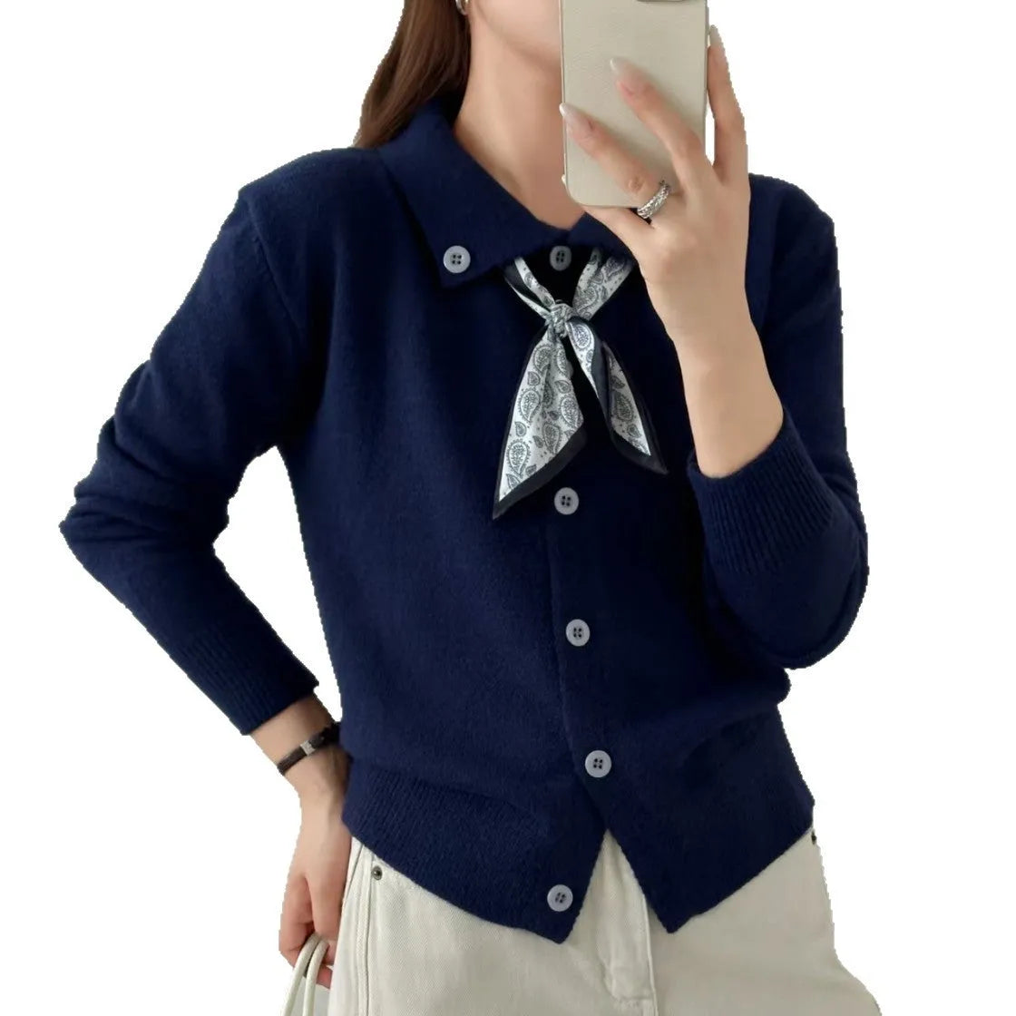 Lapel scarf sweater cardigan with colour-block splicing in acrylic fibre