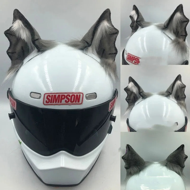 Set of black and white wolf ear and tail ornaments clipped to a motorcycle helmet
