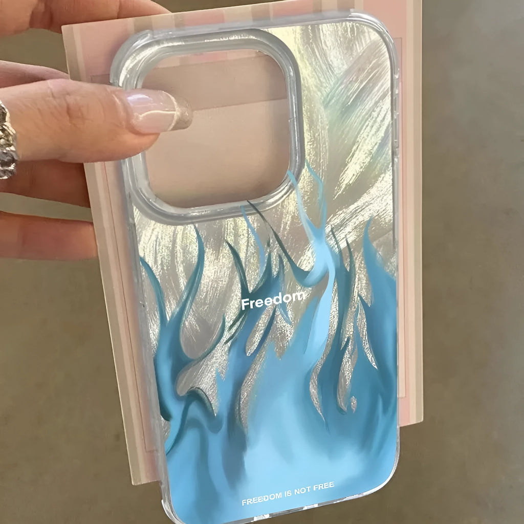 Silicone phone case for Apple iPhone with blue and red flame designs on a black background.