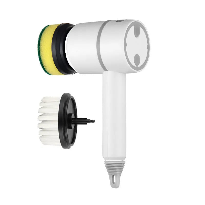 Green electric cleaning brush with three interchangeable scouring pad, brush, and sponge heads on a white background.