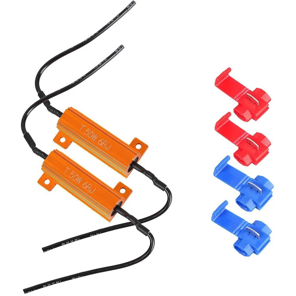 Gold-coloured 50W LED decoder kit with aluminium case, two metal decoders, and four electrical connection clips.