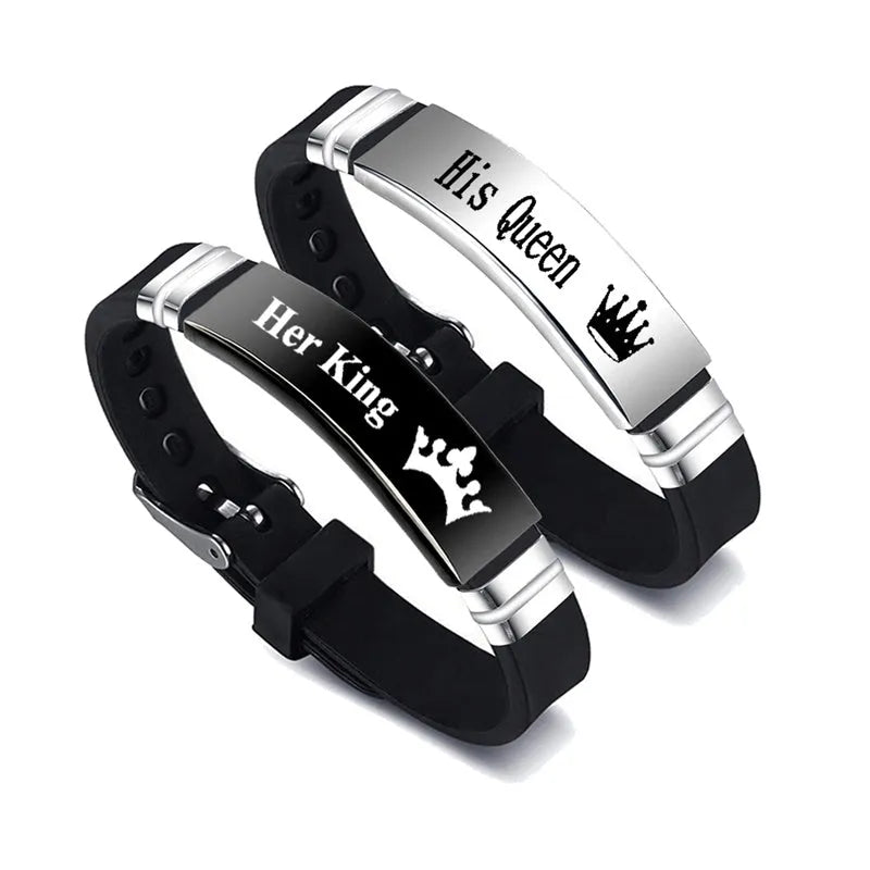 Black and silver his and hers couple bracelet set with stainless steel crown and letter charm on silicone strap