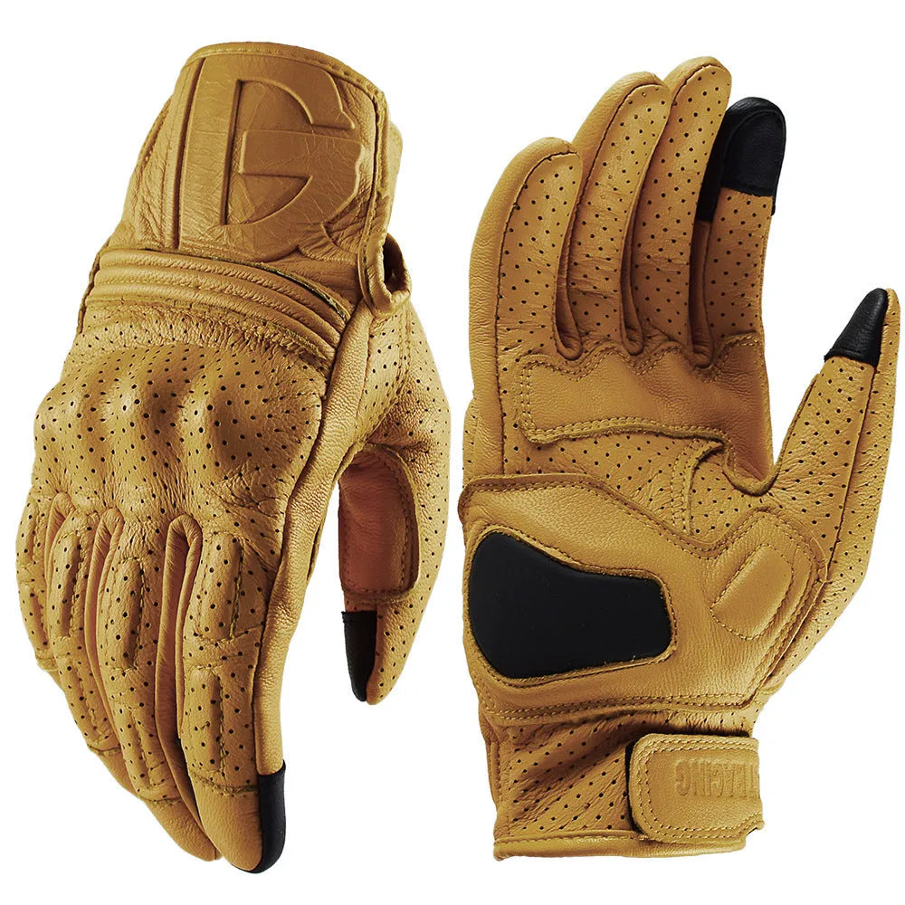 Yellow sheepskin motorbike gloves with touch screen fingertips on a neutral background