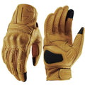 Yellow sheepskin motorbike gloves with touch screen fingertips on a neutral background