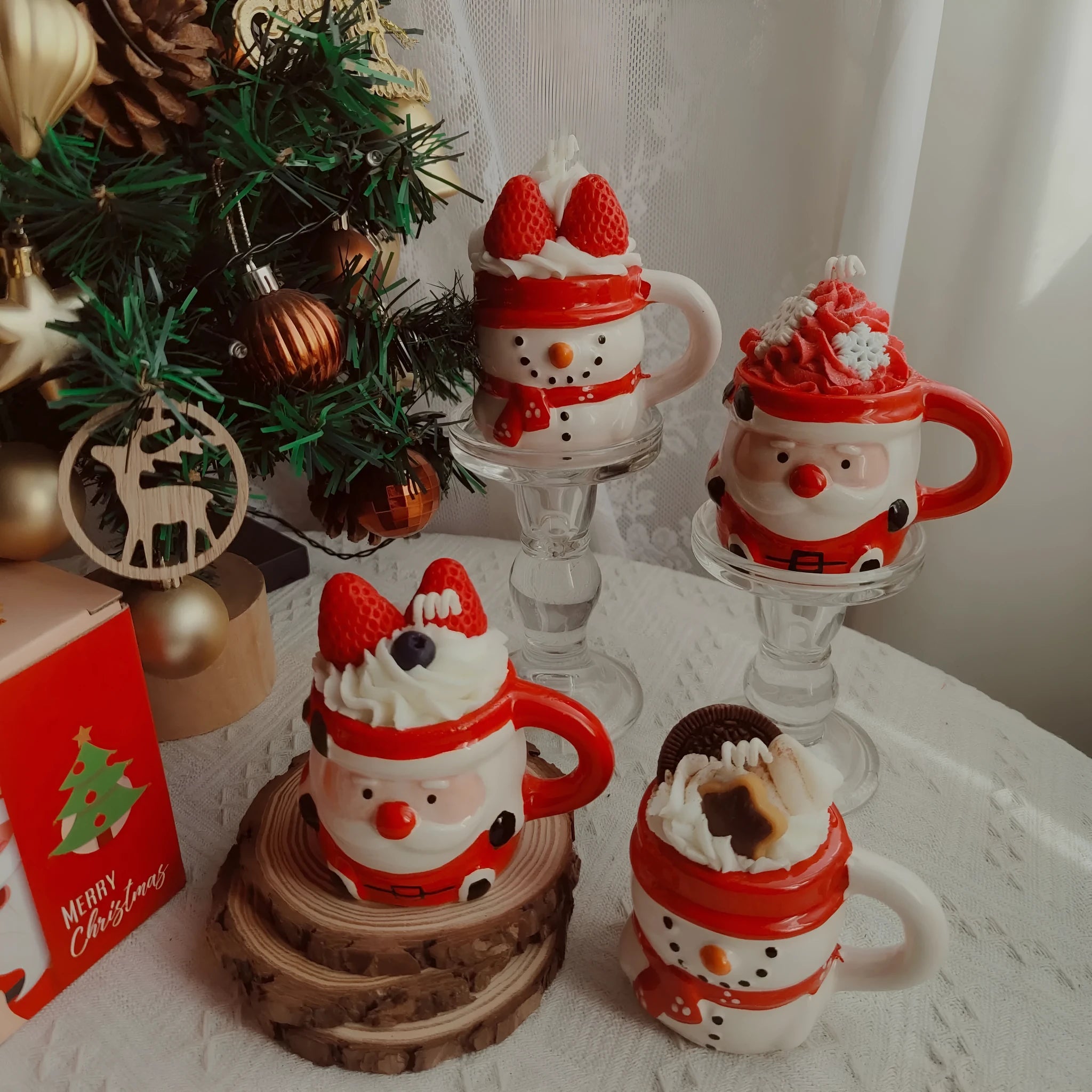 Santa Claus ceramic cup soy wax candle in creative gift box with snowflake design