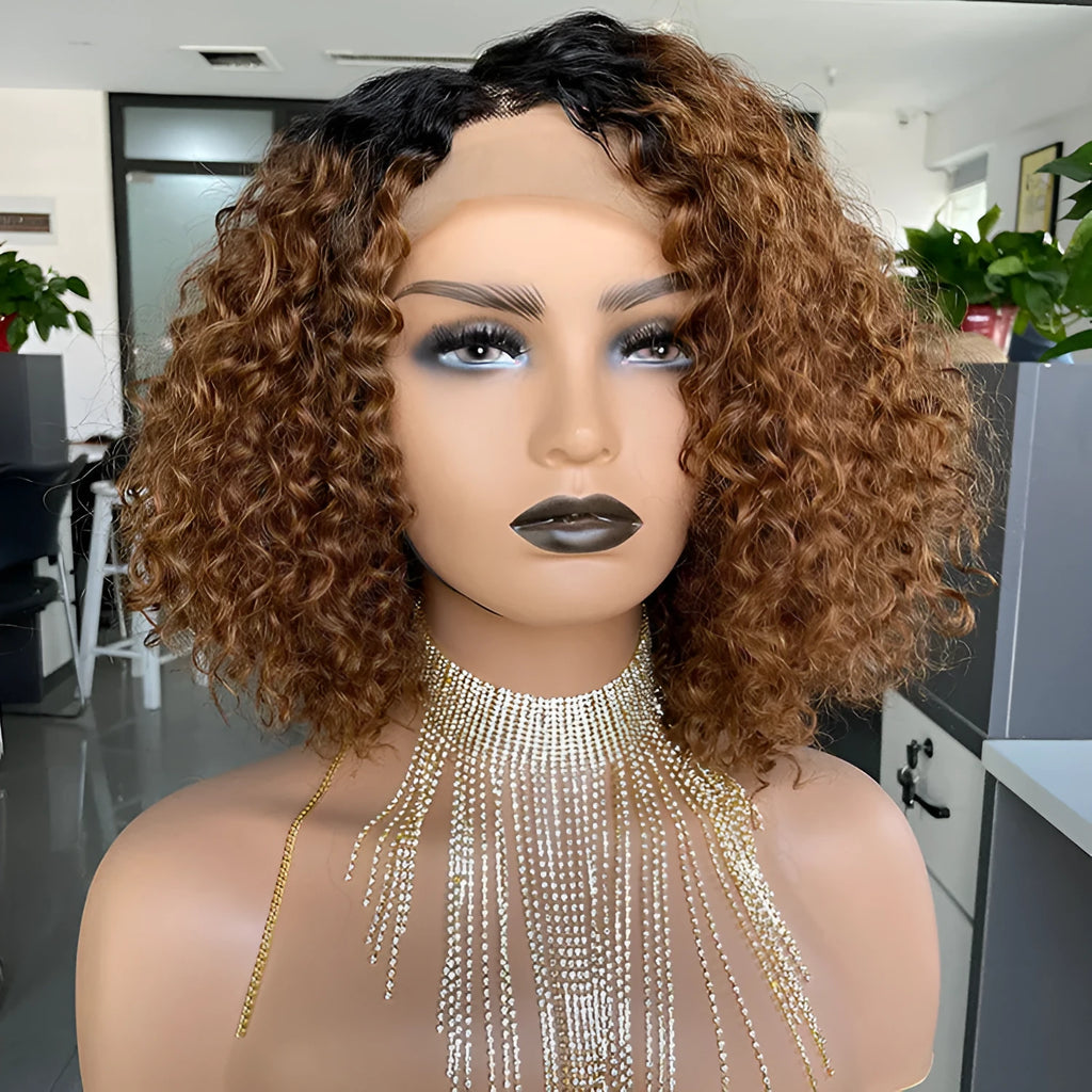 Ombre curly bobo 1b30 human hair lace wig in black with oblique bangs on a mannequin