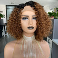 Ombre curly bobo 1b30 human hair lace wig in black with oblique bangs on a mannequin