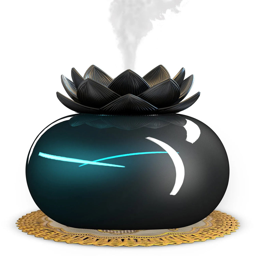 Pure black round lotus aromatherapy humidifier with USB cable connection and mechanical controls