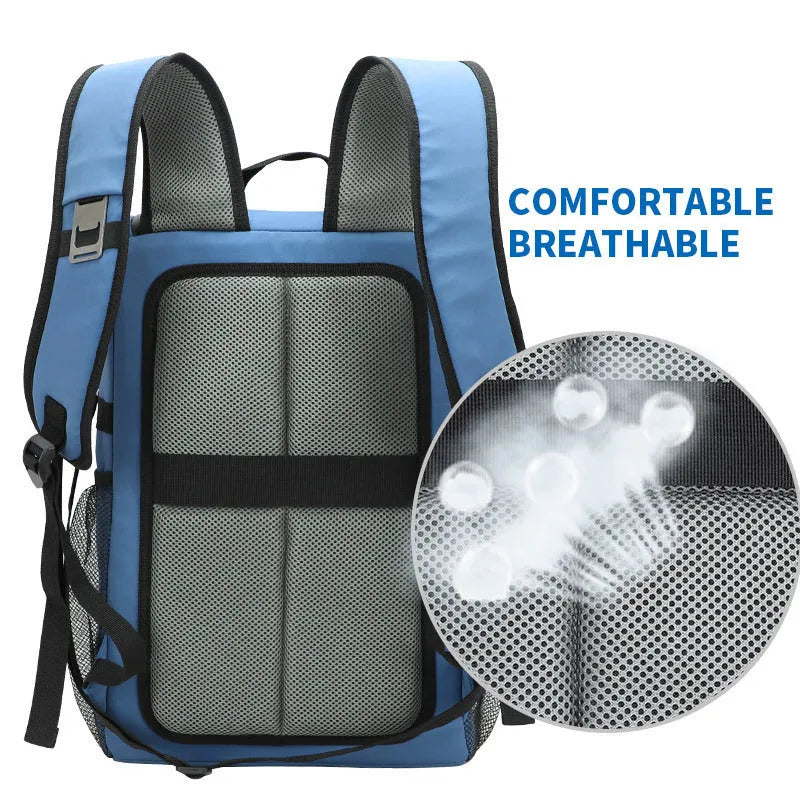Cloth backpack with integrated bottle opener on shoulder strap, shown in available colours.