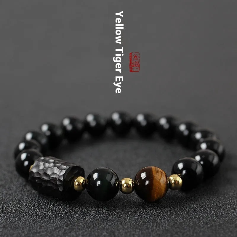 Obsidian bracelet with 10mm tiger eye beads in unisex couple design