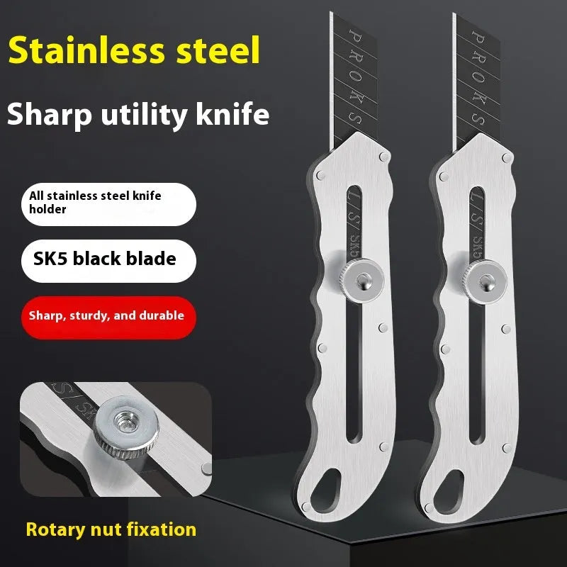 Stainless steel folding art knife with black blades including long and trapezoidal blade types