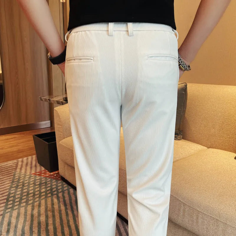 Men's casual straight-leg dark pattern ice silk cropped pants with ankle tie in grey stripe, loose fit, mid waist.