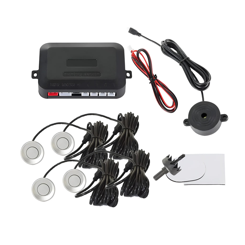 4-probe buzzer-only car reversing radar kit with sensors, control module, and hole saw on a grey background.