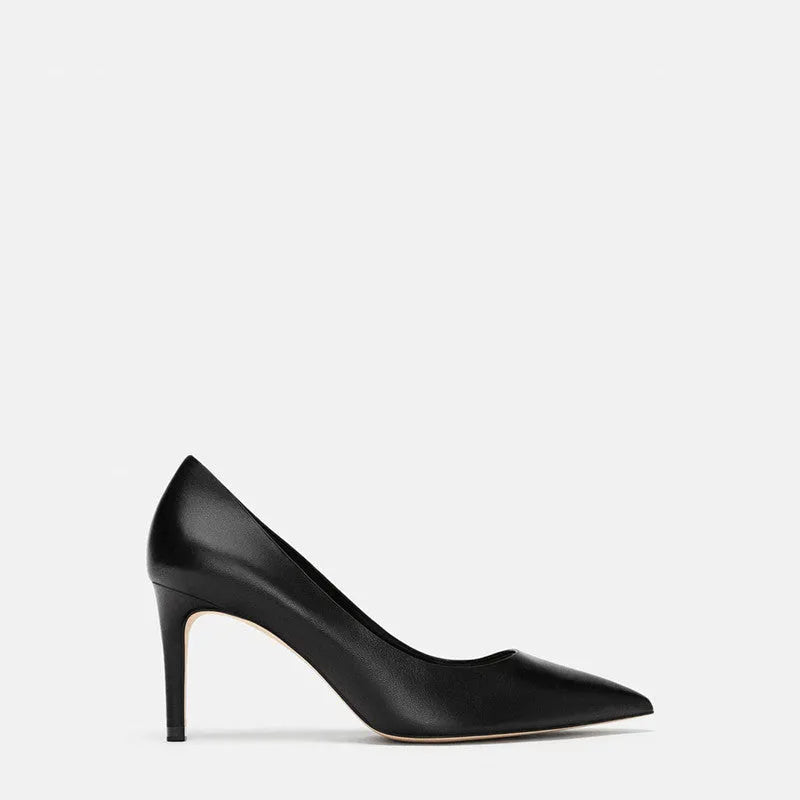 Black microfiber pointed toe stiletto heel shoes with rubber sole for formal wear