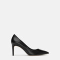 Black microfiber pointed toe stiletto heel shoes with rubber sole for formal wear