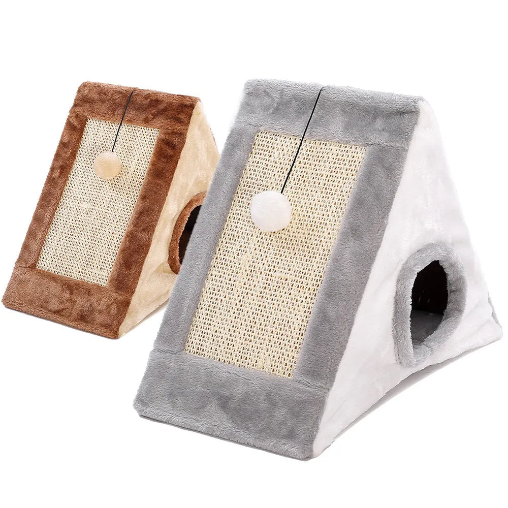 Grey and white triangle cat scratching post with integrated plush bed for cats.