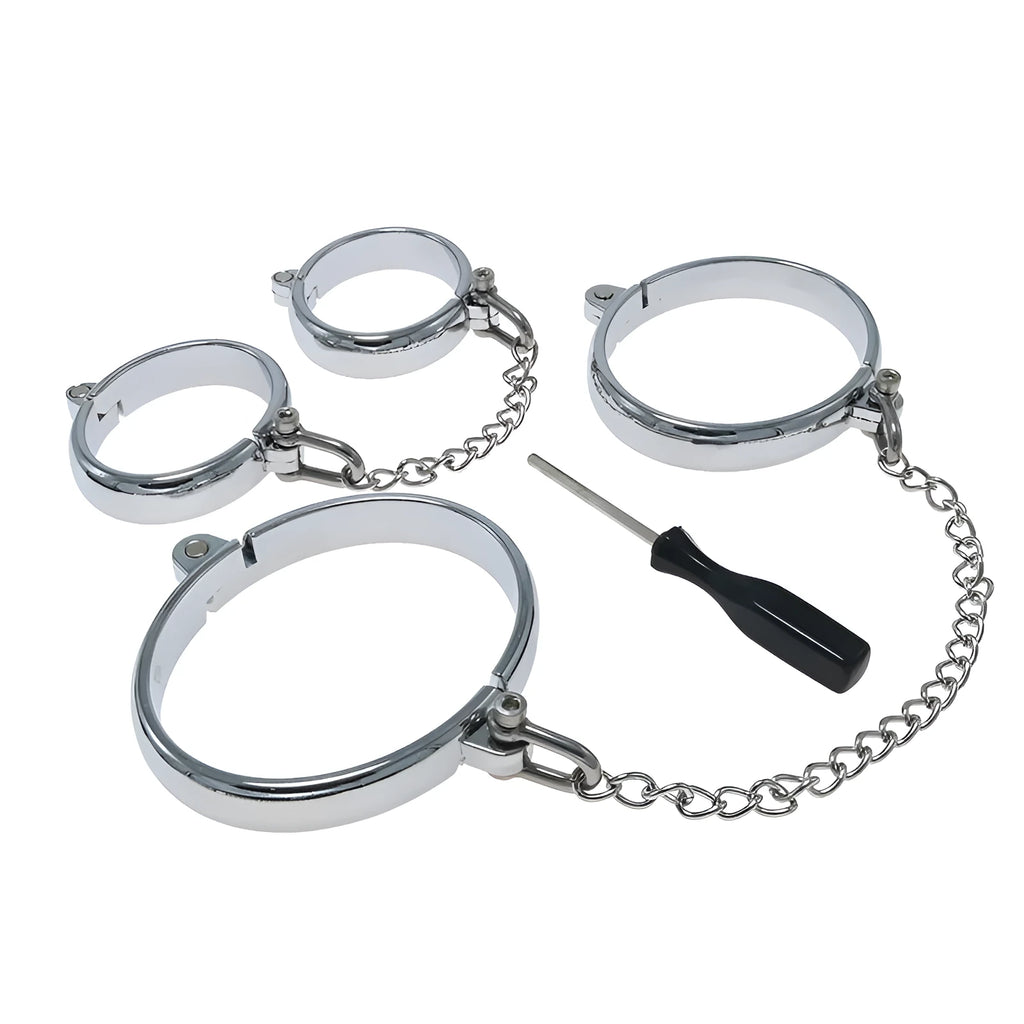 Silver zinc alloy handcuff and footcuff set with stainless steel linking chains