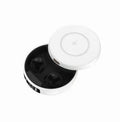 Mini semi-in-ear wireless headphones in black, colour, or white with charging compartment