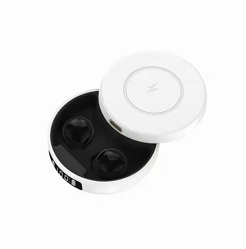 Mini semi-in-ear wireless headphones in black, colour, or white with charging compartment