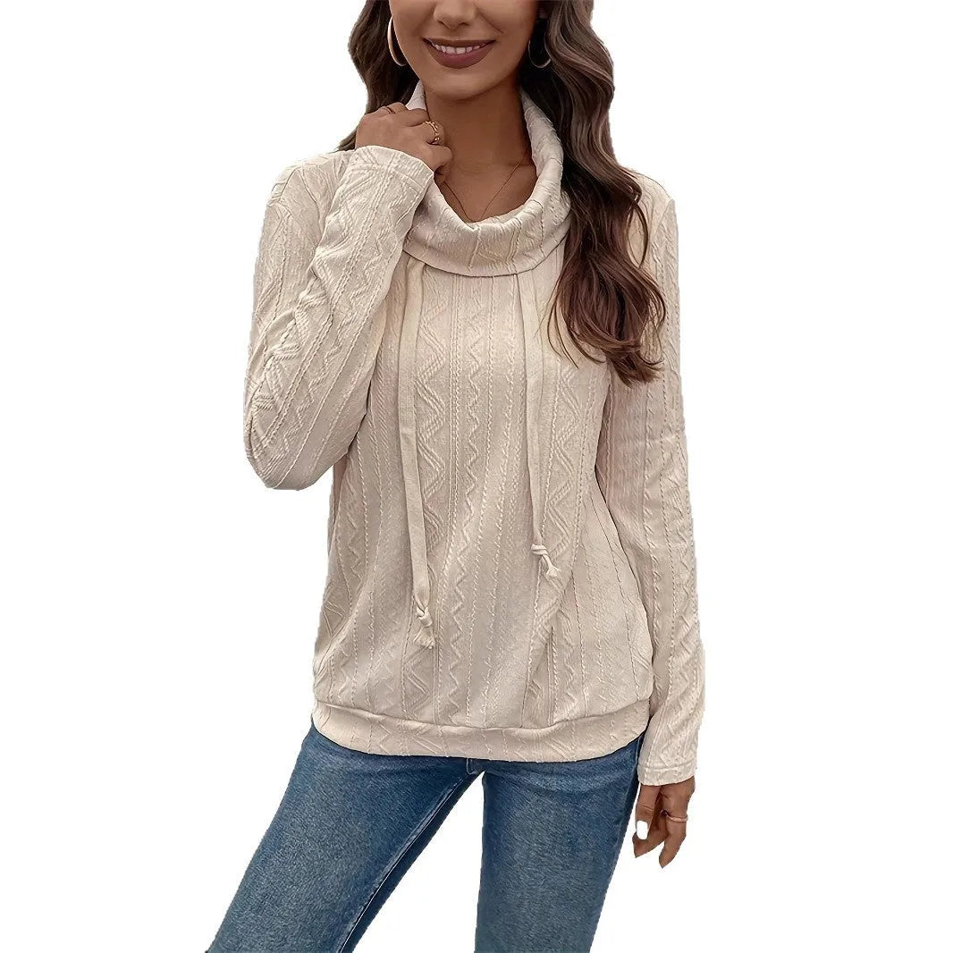 Apricot hooded pullover sweater with drawstring and long sleeves