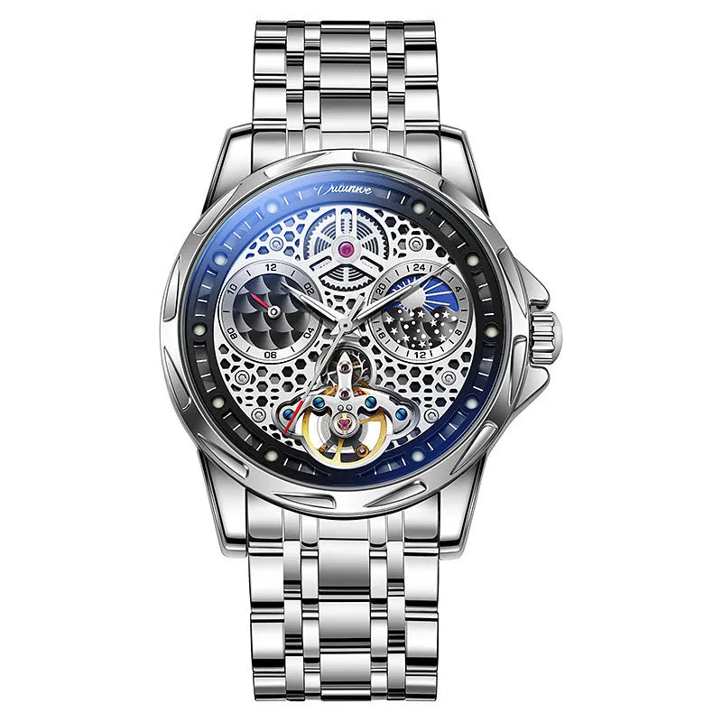 Automatic men's business watch with luminous hands on a steel bracelet.