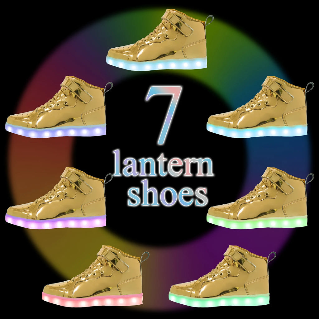 A pair of black high-top LED dancing shoes with Velcro fastening and a lit-up sole.